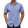 imageCOOFANDY Mens Button Down Shirt Short Sleeve Dress Shirt Casual Beach Summer Wedding ShirtStripe White Blue