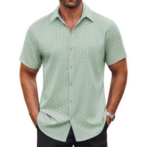 imageCOOFANDY Mens Button Down Shirt Short Sleeve Dress Shirt Casual Beach Summer Wedding ShirtLight Greenflower