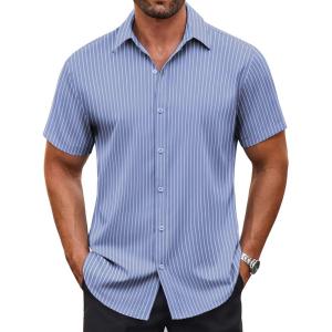 imageCOOFANDY Mens Button Down Shirt Short Sleeve Dress Shirt Casual Beach Summer Wedding ShirtStripe White Blue