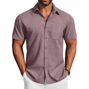 imageCOOFANDY Mens Button Down Shirts Short Sleeve Casual Shirts Summer Beach Linen Shirts with PocketDark Red