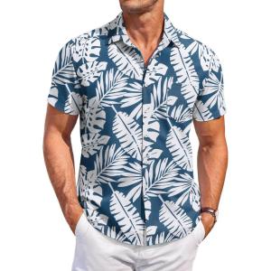 imageCOOFANDY Mens Casual Button Down Shirts Short Sleeve Summer Beach Vacation Untucked Dress Shirts with PocketLeafblue