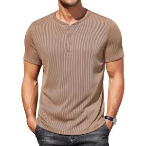 imageCOOFANDY Mens Henley Shirts Short Sleeve Casual Tee Summer Button Henley Soild T ShirtsKhaki