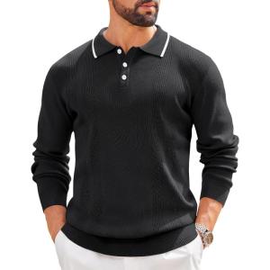 imageCOOFANDY Mens Knit Polo Sweaters Long Sleeve Vintage Polos Casual Dress Pullover Old Money TopsBlack