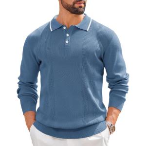 imageCOOFANDY Mens Knit Polo Sweaters Long Sleeve Vintage Polos Casual Dress Pullover Old Money TopsBlue