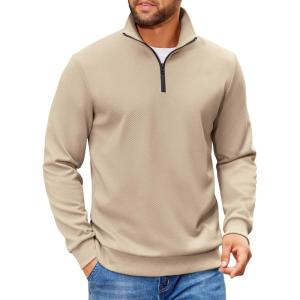 imageCOOFANDY Mens Quarter Zip Pullover Sweatshirts Lightweight Long Sleeve Mock Neck Sweater PoloKhaki