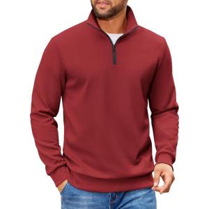 imageCOOFANDY Mens Quarter Zip Pullover Sweatshirts Lightweight Long Sleeve Mock Neck Sweater PoloWine Red