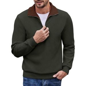 imageCOOFANDY Mens Quarter Zip Up Pullover Mock Neck Long Sleeve Sweater Casual Corduroy Polo SweatshirtArmy Green With Brown Collar