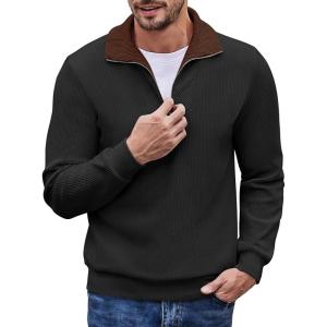 imageCOOFANDY Mens Quarter Zip Up Pullover Mock Neck Long Sleeve Sweater Casual Corduroy Polo SweatshirtBlack With Brown Collar