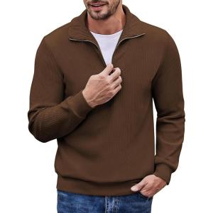 imageCOOFANDY Mens Quarter Zip Up Pullover Mock Neck Long Sleeve Sweater Casual Corduroy Polo SweatshirtDark Brown