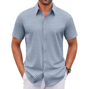 imageCOOFANDY Mens Stretch Dress Shirts Short Sleeve Wrinkle Free Casual Button Down ShirtsBlue Pattern
