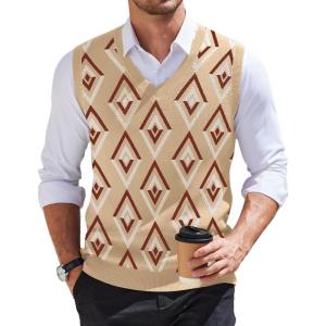 imageCOOFANDY Mens Sweater Vest V Neck Sleeveless Sweater Slim Fit Casual Knitted Pullover SweaterArgyle Khaki