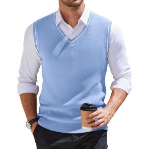 imageCOOFANDY Mens Sweater Vest V Neck Sleeveless Sweater Slim Fit Casual Knitted Pullover SweaterBlue and White Stripe