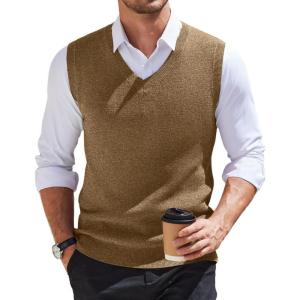 imageCOOFANDY Mens Sweater Vest V Neck Sleeveless Sweater Slim Fit Casual Knitted Pullover SweaterKhaki