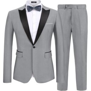 imageCOOFANDY Mens 2 Piece Suit Slim Fit One Button Tuxedo Jacket Pants for Wedding Prom BusinessLight Grey