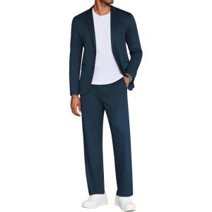 imageCOOFANDY Mens Suits 2 Piece Slim Fit Suit Set 2 Button Lightweight Casual Knit Blazer Suit Jacket PantsBlue