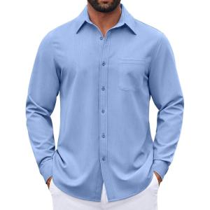 imageCOOFANDY Mens Dress Shirts Untucked Long Sleeve Button Down Denim Shirt Stretch Business Casual Shirts for MenBlue