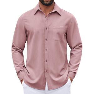 imageCOOFANDY Mens Dress Shirts Untucked Long Sleeve Button Down Denim Shirt Stretch Business Casual Shirts for MenPink