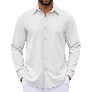 imageCOOFANDY Mens Dress Shirts Untucked Long Sleeve Button Down Denim Shirt Stretch Business Casual Shirts for MenWhite