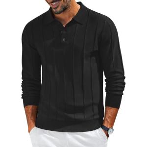 imageCOOFANDY Mens Knit Long Sleeve Polo Sweater Business Casual Collared Golf Sweaters Ribbed Textured Activewear PolosAll Black