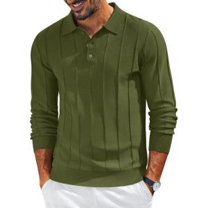 imageCOOFANDY Mens Knit Long Sleeve Polo Sweater Business Casual Collared Golf Sweaters Ribbed Textured Activewear PolosArmy Green