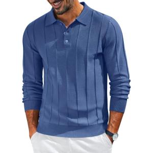 imageCOOFANDY Mens Knit Long Sleeve Polo Sweater Business Casual Collared Golf Sweaters Ribbed Textured Activewear PolosBlue
