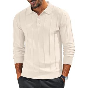 imageCOOFANDY Mens Knit Long Sleeve Polo Sweater Business Casual Collared Golf Sweaters Ribbed Textured Activewear PolosCream White