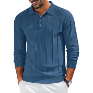 imageCOOFANDY Mens Knit Long Sleeve Polo Sweater Business Casual Collared Golf Sweaters Ribbed Textured Activewear PolosDark Blue
