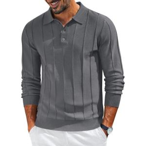 imageCOOFANDY Mens Knit Long Sleeve Polo Sweater Business Casual Collared Golf Sweaters Ribbed Textured Activewear PolosDark Gray