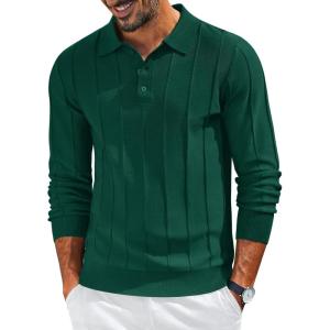 imageCOOFANDY Mens Knit Long Sleeve Polo Sweater Business Casual Collared Golf Sweaters Ribbed Textured Activewear PolosGreen