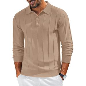 imageCOOFANDY Mens Knit Long Sleeve Polo Sweater Business Casual Collared Golf Sweaters Ribbed Textured Activewear PolosKhaki