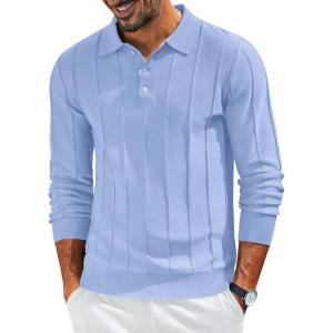 imageCOOFANDY Mens Knit Long Sleeve Polo Sweater Business Casual Collared Golf Sweaters Ribbed Textured Activewear PolosLight Blue