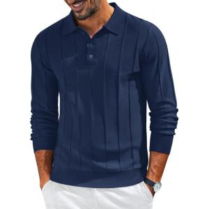 imageCOOFANDY Mens Knit Long Sleeve Polo Sweater Business Casual Collared Golf Sweaters Ribbed Textured Activewear PolosNavy Blue