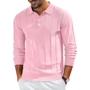 imageCOOFANDY Mens Knit Long Sleeve Polo Sweater Business Casual Collared Golf Sweaters Ribbed Textured Activewear PolosPink