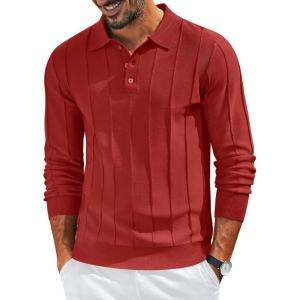 imageCOOFANDY Mens Knit Long Sleeve Polo Sweater Business Casual Collared Golf Sweaters Ribbed Textured Activewear PolosWine Red