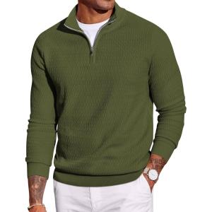 imageCOOFANDY Mens Quarter Zip Sweater Slim Fit Lightweight Mock Neck Pullover Knit Texture Polo SweatersArmy Green