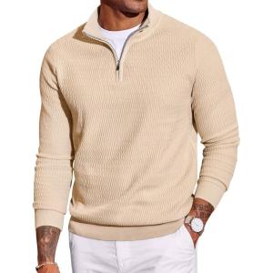 imageCOOFANDY Mens Quarter Zip Sweater Slim Fit Lightweight Mock Neck Pullover Knit Texture Polo SweatersBeige