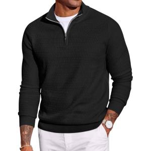 imageCOOFANDY Mens Quarter Zip Sweater Slim Fit Lightweight Mock Neck Pullover Knit Texture Polo SweatersBlack