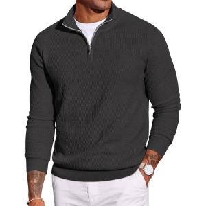 imageCOOFANDY Mens Quarter Zip Sweater Slim Fit Lightweight Mock Neck Pullover Knit Texture Polo SweatersDark Grey