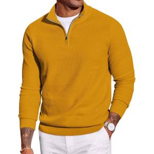 imageCOOFANDY Mens Quarter Zip Sweater Slim Fit Lightweight Mock Neck Pullover Knit Texture Polo SweatersLight Brown