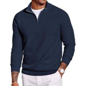imageCOOFANDY Mens Quarter Zip Sweater Slim Fit Lightweight Mock Neck Pullover Knit Texture Polo SweatersNavy Blue
