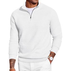 imageCOOFANDY Mens Quarter Zip Sweater Slim Fit Lightweight Mock Neck Pullover Knit Texture Polo SweatersWhite