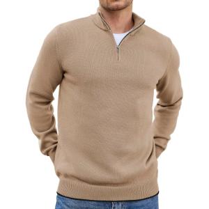 imageCOOFANDY Mens Quarter Zip Up Pullover Slim Fit Lightweight Mock Neck Long Sleeve SweatersClassic Khaki