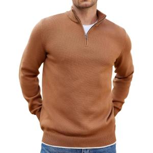 imageCOOFANDY Mens Quarter Zip Up Pullover Slim Fit Lightweight Mock Neck Long Sleeve SweatersLight Brown