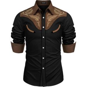 imageCOOFANDY Mens Western Cowboy Shirt Embroidered Button Down Long Sleeve ShirtsCotton  Black  Brown