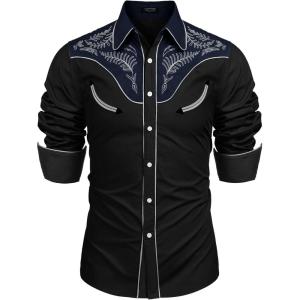 imageCOOFANDY Mens Western Cowboy Shirt Embroidered Button Down Long Sleeve ShirtsCotton  Black