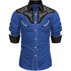 imageCOOFANDY Mens Western Cowboy Shirt Embroidered Button Down Long Sleeve ShirtsCotton  Blue  Black