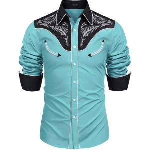 imageCOOFANDY Mens Western Cowboy Shirt Embroidered Button Down Long Sleeve ShirtsCotton  Blue