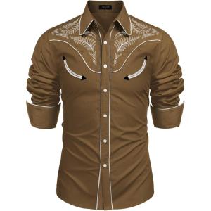 imageCOOFANDY Mens Western Cowboy Shirt Embroidered Button Down Long Sleeve ShirtsCotton  Brown