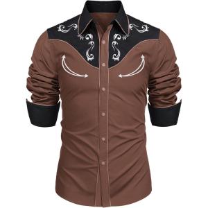 imageCOOFANDY Mens Western Cowboy Shirt Embroidered Button Down Long Sleeve ShirtsCotton  Brownblack