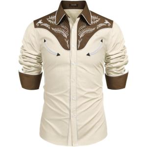imageCOOFANDY Mens Western Cowboy Shirt Embroidered Button Down Long Sleeve ShirtsCotton  Creamy White